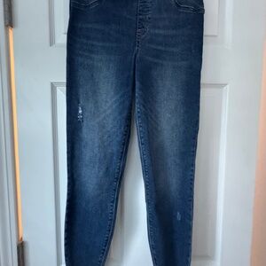SPANX Women's Jeans Vintage Dark Blue Distressed Denim Pull On Shaping Raw Hem L